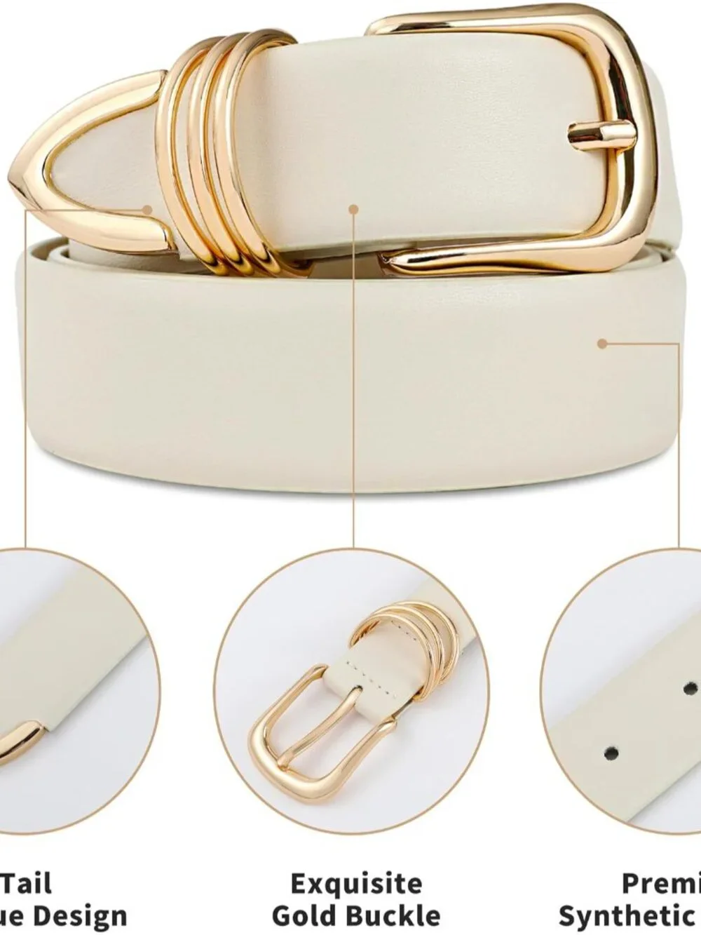 Sleek Women's White Faux Leather Belt with Gold Rectangle Buckle - Size M 32-36